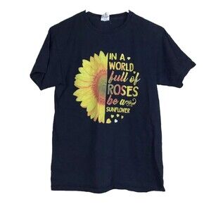 Womens Small T-Shirt Black Sunflower Short Sleeve Cotton Graphic Floral